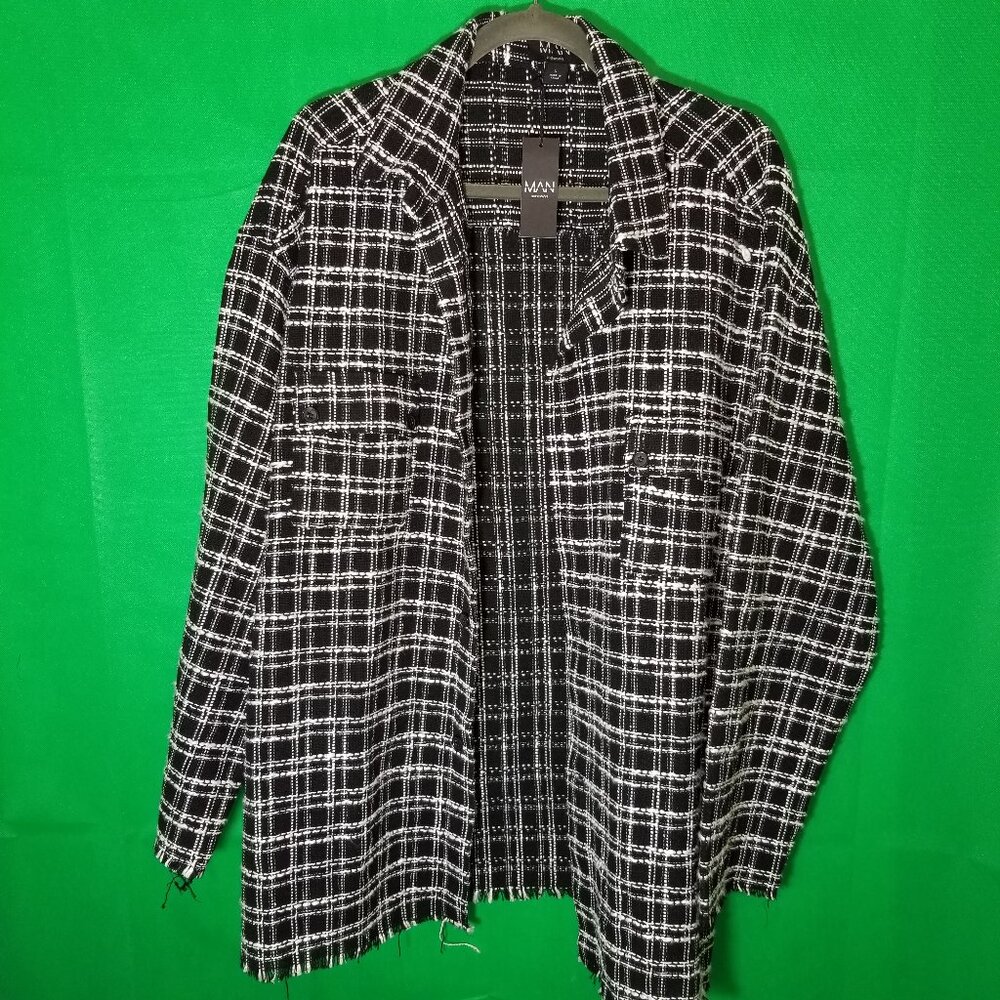 Boohoo Man Size Large Oversized Wave Plaid Spliced Distressed Jacket Raw Hem NWT